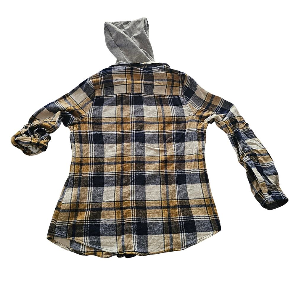 Adam Levine Women's Flannel Hooded Button Up Top, Tan Black White 2 of 5 - Picture 3 of 12